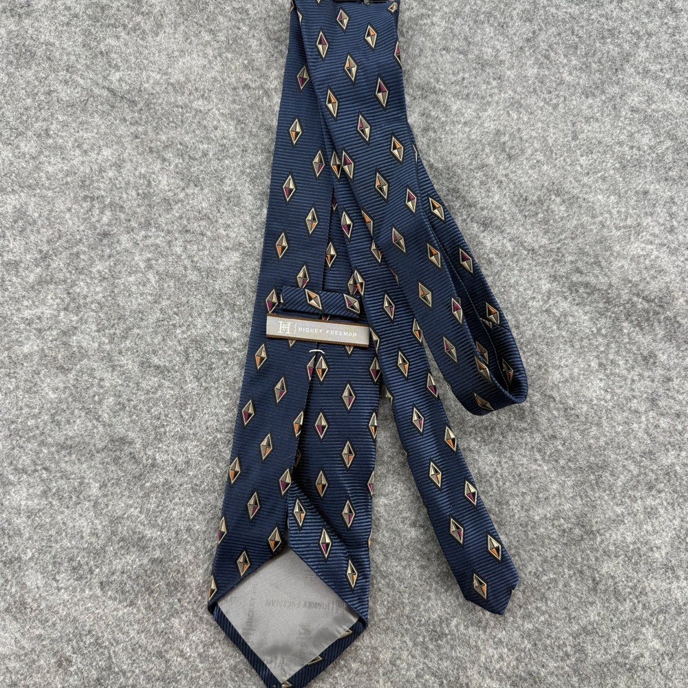 Hickey Freeman Tie 100% Silk Handmade Navy Geometric Diamond Ribbed Silk Necktie
